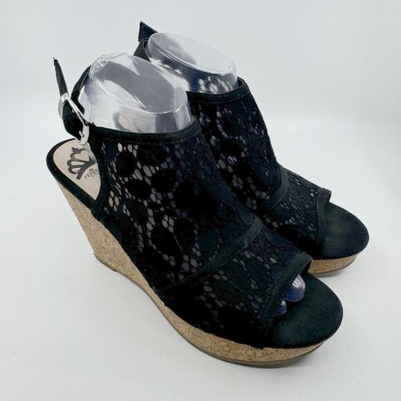 Fergalicious by Fergie Lace Peep Toe Wedge Heel Sandals Slingback Black Womens 5 - Picture 2 of 10